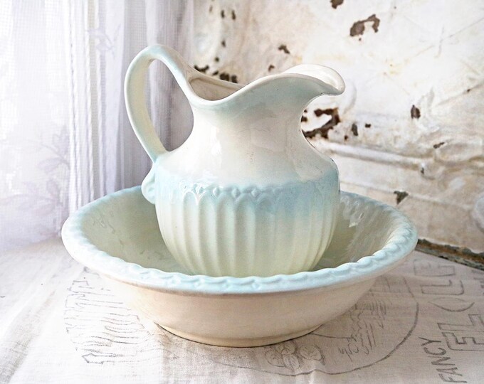 Vintage White Pitcher and Basin, White Pitcher With Blue, Vintage ...