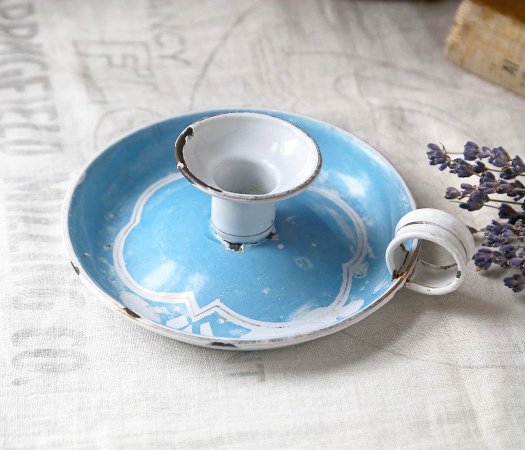 Vintage Enamel Candle Holder German Chamber Stick Blue and Etsy