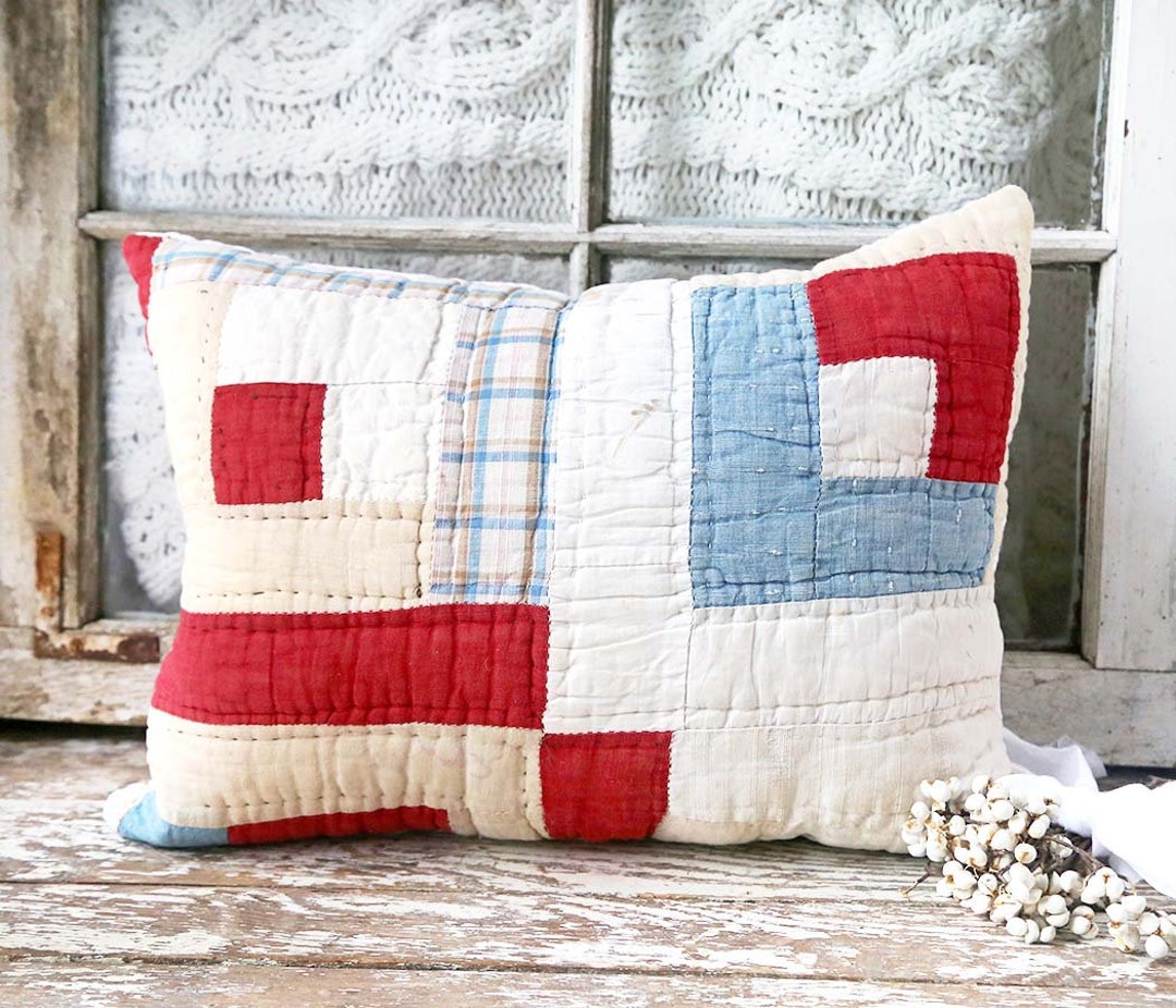 Vintage Quilted, Red White and Blue Pillow, Quilted Bolster Pillow