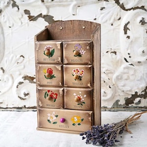Vintage Sewing Cabinet With Wooden Drawers Organizer for Pins Needles  Thread Floral Design 