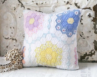 Vintage Quilt Pillow, Quilted Throw Pillow, Farmhouse Pillow, Pastel Quilt Pillow, Grandmothers Flower Garden Pillow, 13 inch Square Pillow