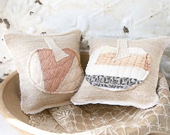 Mini Grain Sack Pumpkin Pillows: Vintage Fall Decor, Set of 2