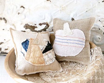 Mini Vintage Grain Sack Pumpkin Pillows - Neutral Fall Decor, Set of 2