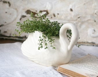 Vintage White Ceramic Swan Planter, Country Farmhouse Decor