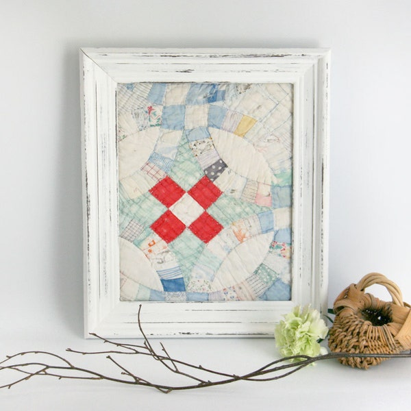 Framed Antique Quilt Piece - wall decor white red blue upcycled white frame shabby chic cottage farmhouse nursery childs room decor