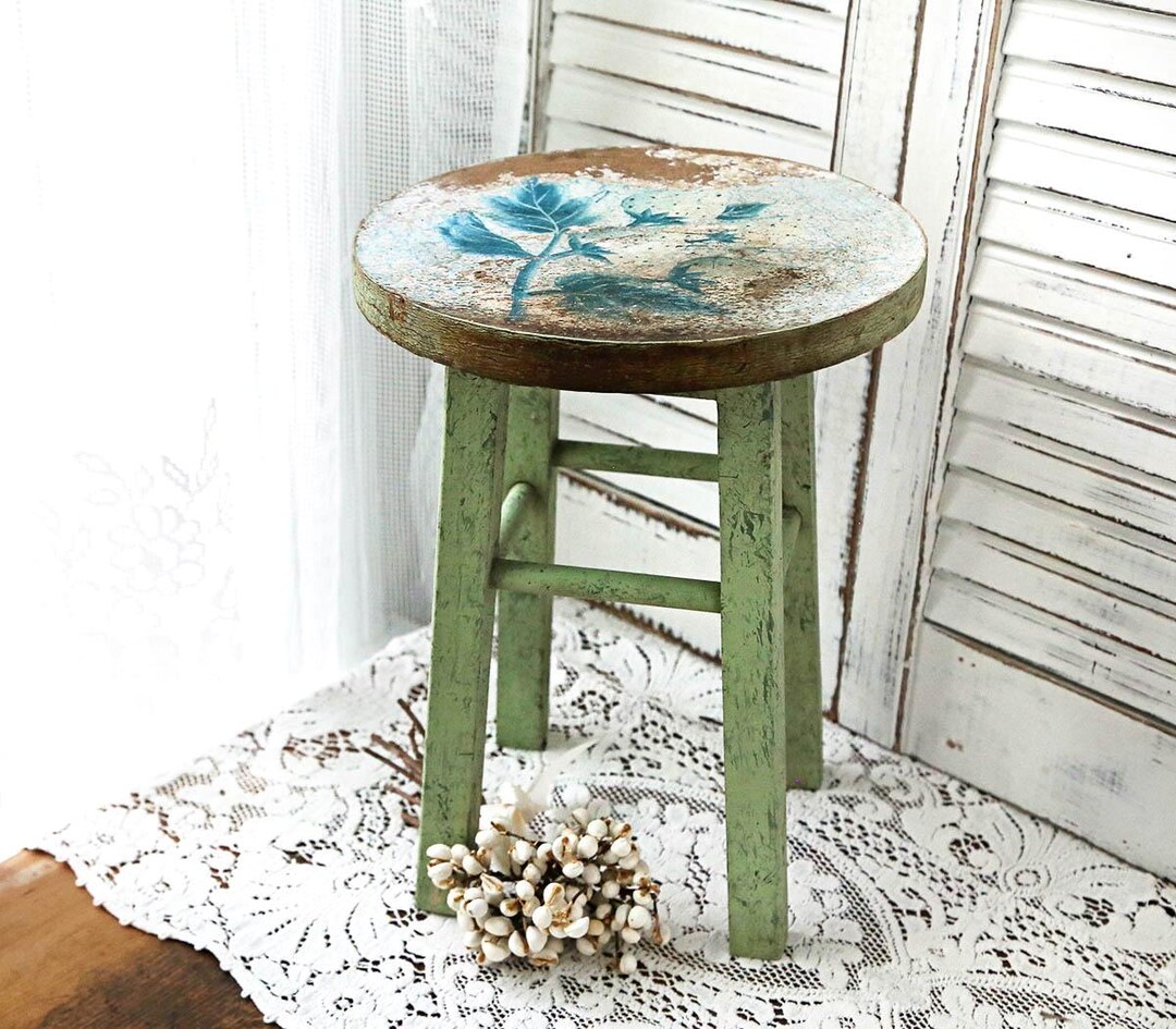 Vintage Chippy Green Stool, Shabby Chic Plant Stand, French Farmhouse ...