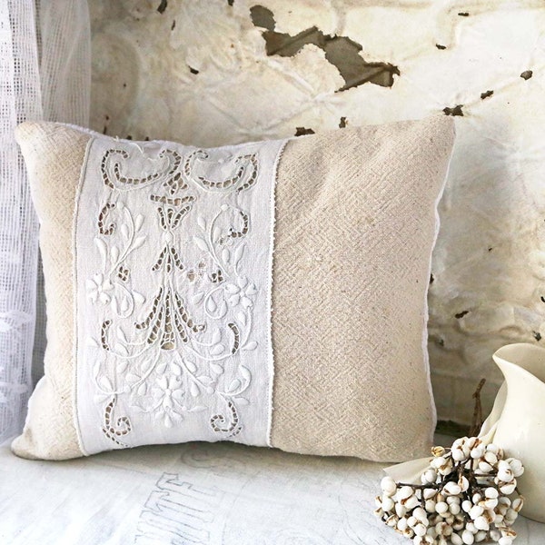 Grain Sack Pillow, Cottagecore Linen Throw Pillow, Grain Sack and Linen Pillow, Farmhouse Home Decor