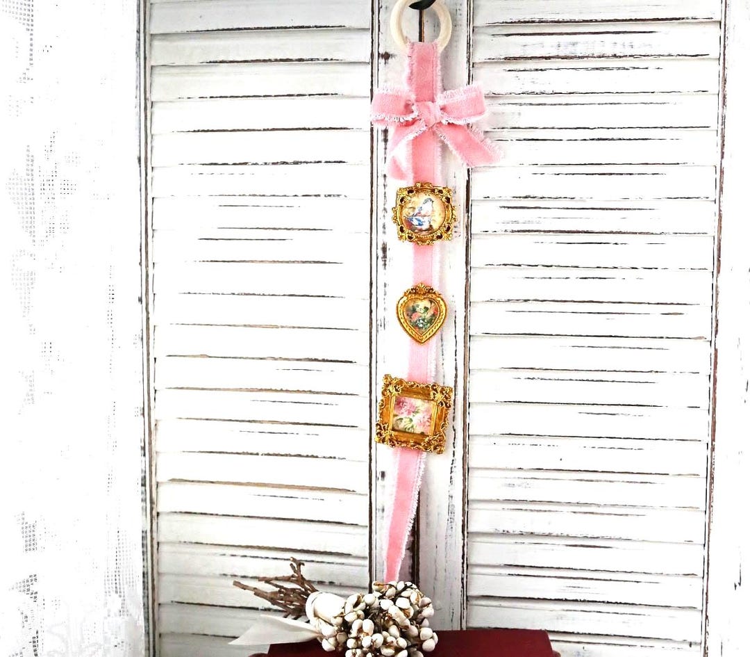 Valentines Day Pink Ribbon Wall Hanging With Mini Gold Frames, Romantic ...
