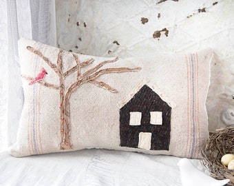 Grain Sack Pillow, Folk Art Pillow, House and Tree Pillow, Handmade Country Pillow, Summer Folk Art Pillow, Farmhouse Throw Pillow