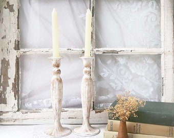 Vintage Inspired Cottage White Candlesticks, Farmhouse Candle Sticks, White Candlesticks, Set of 2 Candlesticks and Candles