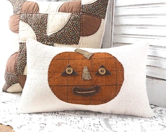 Primitive Pumpkin Face Pillow, Fall Decor, Wool Applique