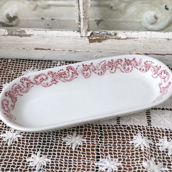 Vintage Oblong Serving Dish, Red Transferware Dish, Iroquois Restaurant Ware Dish, Asparagus Dish, Rectangular Vegetable Dish