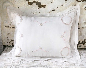 White Linen Pillow, Vintage White Linen Bedroom Pillow, Cottage Home Decor, Cottagecore Pillow