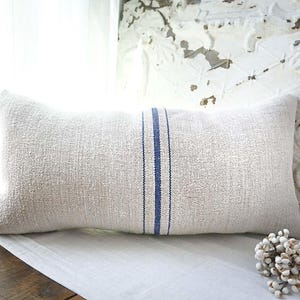 Vintage Blue Striped Grain Sack Pillow: European Farmhouse Decor