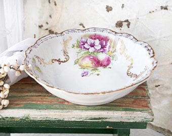 Antique Porcelain Bowl, Floral Cottage Bowl, Cottage Home Decor, Bavarian Serving Bowl, White Floral Handpainted Bowl