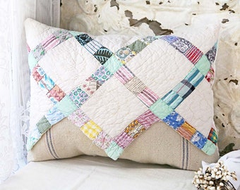 Vintage Quilted Pillow, Grain Sack Pillow, Large Quilt Pillow, Quilt Throw Pillow, Cottage Throw Pillow, Summer Throw Pillow