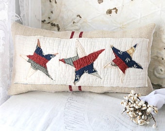 4th of July Throw Pillow, Star Pillow, Vintage Grain Sack Pillow, Patriotic Pillow, Red White and Blue Stars