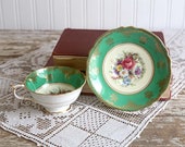 Vintage Paragon Green floral HM the Queen HM Queen Mary Cup and Saucer, Vintage Green Cup and Saucer, Gold Gilt Hand Painted Fine Bone China