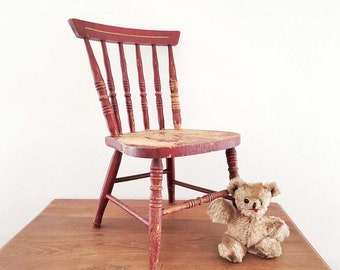 Vintage Childs Red Chair, Red Wooden Chair, Rustic Childs Chair
