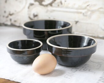 Vintage Small American General Brown Stoneware Bowl Set. Farmhouse Kitchen Decor, Set of 3 Stoneware Bowls, Mini Bowl Set