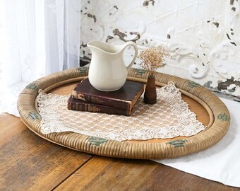 Vintage Wicker Oval Tray, Wicker Serving Tray, Oval Wicker Frame, Country Home Decor, Wicker Dresser Organizer