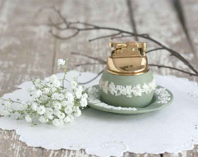 Vintage Green Wedgwood Lighter and Ashtray Jasperware Sage Etsy