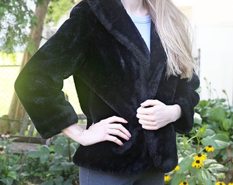 Vintage Womens Faux Fur Black Coat, Extra Small