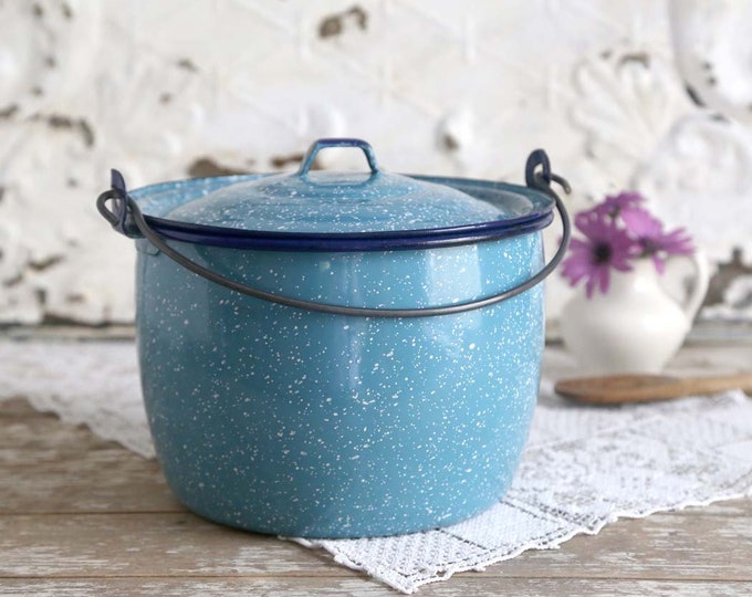Vintage Blue Enamel Pot, Light Blue Enamelware, Speckled Blue Enamel