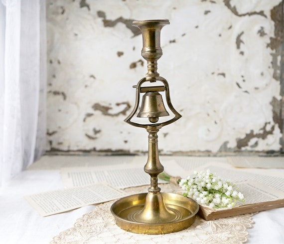 Vintage Brass Tavern Candlestick With Bell, Antique Tavern