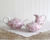 Vintage Pink Chintz Tea Set, Pink Chintz Creamer, Sugar and Teapot, Pink Flowered Tea Set, Cottage Tea Set, Cottage Kitchen Tea Set