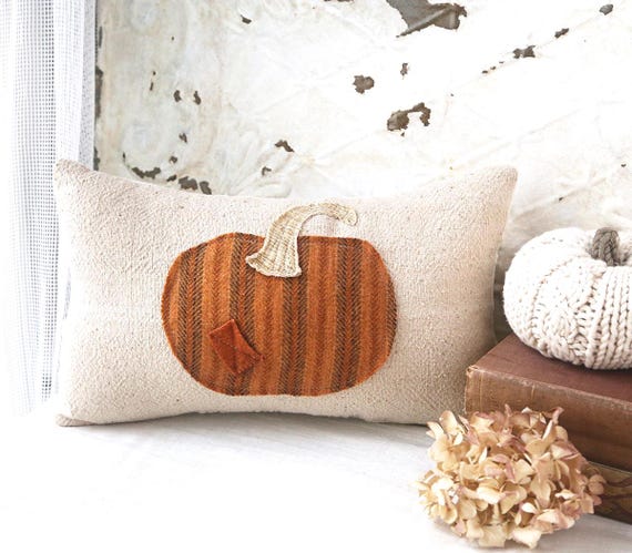 Grain Sack Pumpkin Pillow, Autumn Pumpkin Pillow, Fall Pumpkin Pillow, Fall Throw Pillow, Pumpkin Throw Pillow