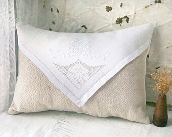 Grain Sack Pillow, Grain Sack and Linen Pillow, Cottagecore Linen Throw Pillow, Farmhouse Home Decor