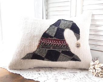 Vintage Quilt Witch Hat Pillow, Rustic Halloween Decor