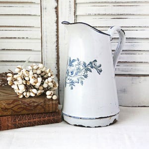 Vintage French Enamel Pitcher, White Enamel Pitcher with floral design, Vintage Farmhouse Decor, Enamel Flower Vase, Country Decor