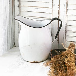 Vintage White Enamel Pitcher: Farmhouse Flower Vase