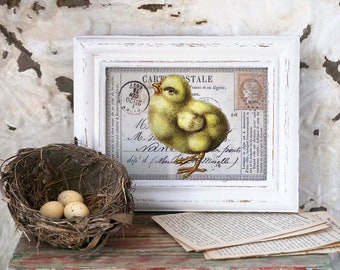 Framed Chick Print, Farmhouse Easter Decor, Framed Chick  Art, Primitive Chick Print, Yellow Easter Chick Framed Art