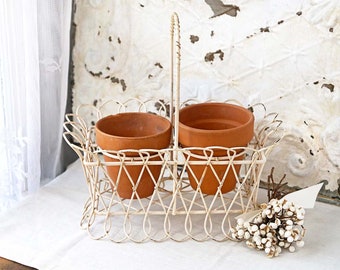 Vintage Wire Flower Caddy, White Wire Flower Basket, Flower Pot Carrier, Cottage Garden Decor, Shabby Chic Flower Pot Caddy