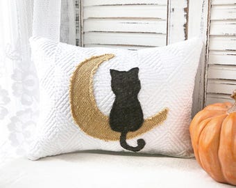 Black Cat on Moon Pillow, Fall Halloween Decor