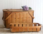 Vintage Large Wooden Picnic Basket, Wood Slat Picnic Basket, Rustic Wedding Decor Country Farmhouse Basket Removable Tray Bent Wood Handles