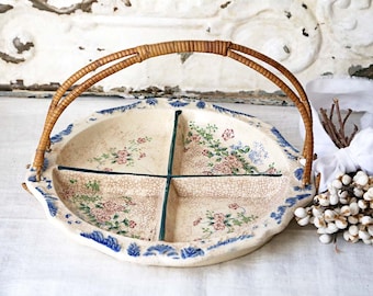 Vintage Floral Serving Dish with Wicker Handle, Crazed Serving Dish, Cottage Home Dish, 4 Section Dish