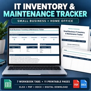 May include: A digital IT inventory and maintenance tracker displayed on a laptop screen and printed documents. The interface features tables for asset status, maintenance logs, and quick start instructions, with text including IT INVENTORY & MAINTENANCE TRACKER.