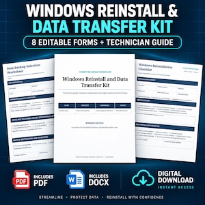 Può includere: Un kit di reinstallazione Windows e trasferimento dati con otto moduli modificabili e una guida tecnica. I documenti includono un foglio di lavoro per la selezione del backup dei dati e una lista di controllo per la reinstallazione in PDF e DOCX.