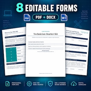 Może przedstawiać: Cyfrowy zestaw startowy dla technika naprawy komputerów zawierający 8 edytowalnych formularzy w formatach PDF i DOCX. Dokumenty obejmują przewodnik użytkowania, stronę tytułową zestawu oraz arkusz incydentów związanych z złośliwym oprogramowaniem.