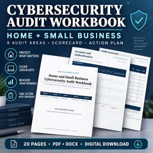 Può includere: Un quaderno di lavoro per l'audit di sicurezza informatica per casa e piccole imprese, con 9 aree di audit, scorecard e piano d'azione. Il documento include pagine per account, autenticazione e autovalutazione. È un download digitale di 20 pagine in formato PDF e DOCX.