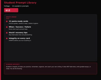 Biblioteca de preguntas de IA para la universidad (PDF): 12 tarjetas de orientación para el estudio y la investigación académica.