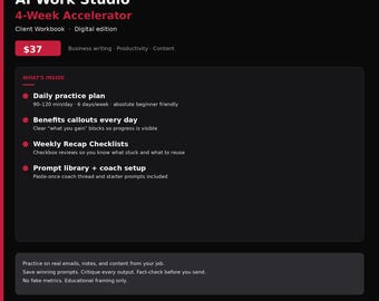 Libro de trabajo acelerado de 4 semanas de AI Work Studio en PDF: Ideas para correos electrónicos y contenido empresarial con IA para principiantes
