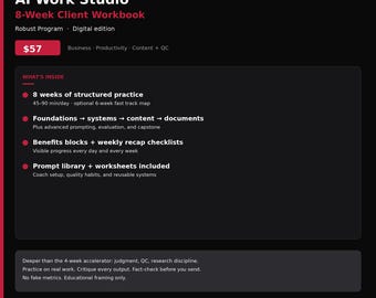 Libro de trabajo para clientes de AI Work Studio de 8 semanas (PDF) — Plan de práctica para redacción y creación de contenido empresarial con IA