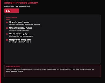 Biblioteca de preguntas de IA para la escuela secundaria en PDF: 12 tarjetas de estudio y preparación para ensayos.