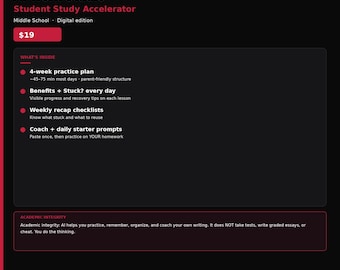 Acelerador de estudio de IA en PDF: organizador de tareas y ejercicios de memoria para la escuela secundaria.