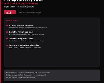 Paquete de biblioteca de indicaciones — Edición de trabajo con IA y Grok Bot (17 indicaciones en PDF)
